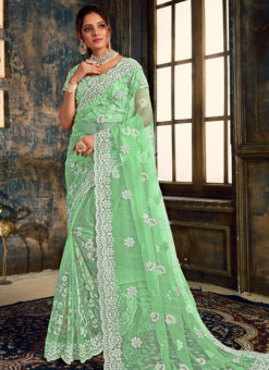 Elegant Pista Green Net Wedding Wear Designer Saree