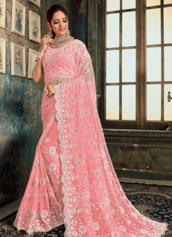 Charming Pink Net Wedding Wear Designer Saree