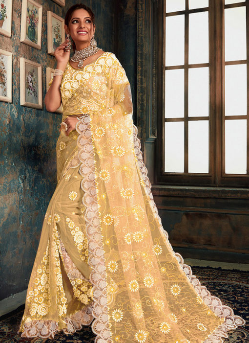 Lovely Yellow Net Wedding Wear Designer Saree