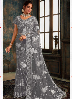 Amazing Grey Net Wedding Wear Designer Saree