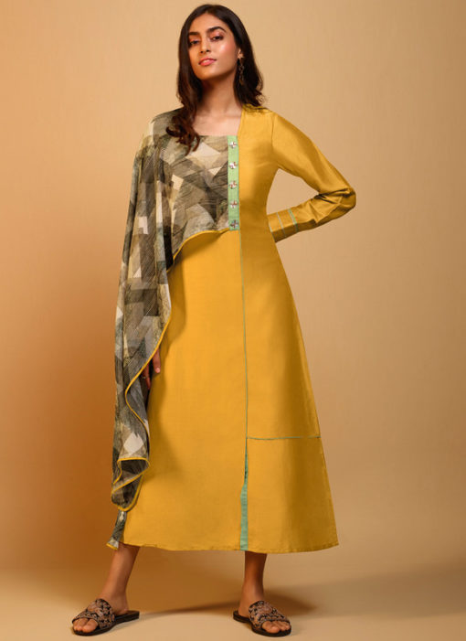 Alluring Yellow Casual Wear Designer Long Kurti With Scarf