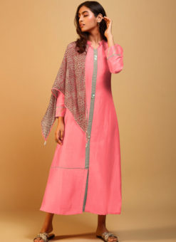 Charming Pink Casual Wear Designer Long Kurti With Scarf