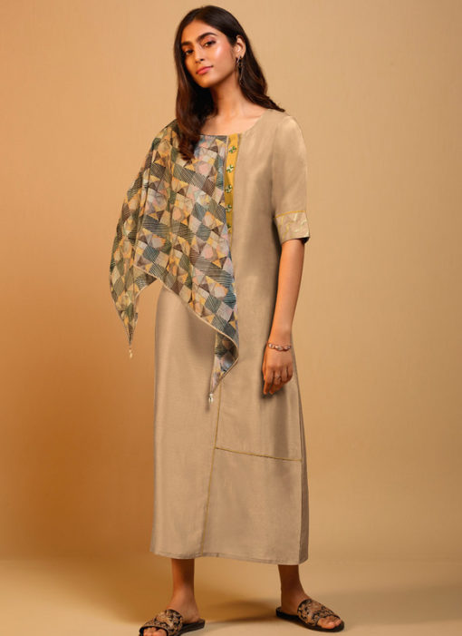Lovely Beige Casual Wear Designer Long Kurti With Scarf