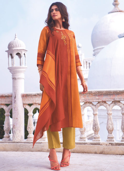 Designer Orange Party Wear Readymade Linen Cotton Kurti With Bottom