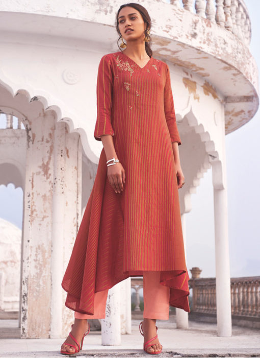 Designer Red Party Wear Readymade Linen Cotton Kurti With Bottom
