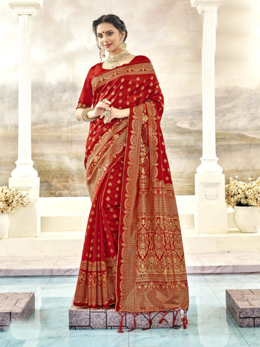 Miraamall Elegent Red Designer Bridal Wear Jacquard Silk Saree