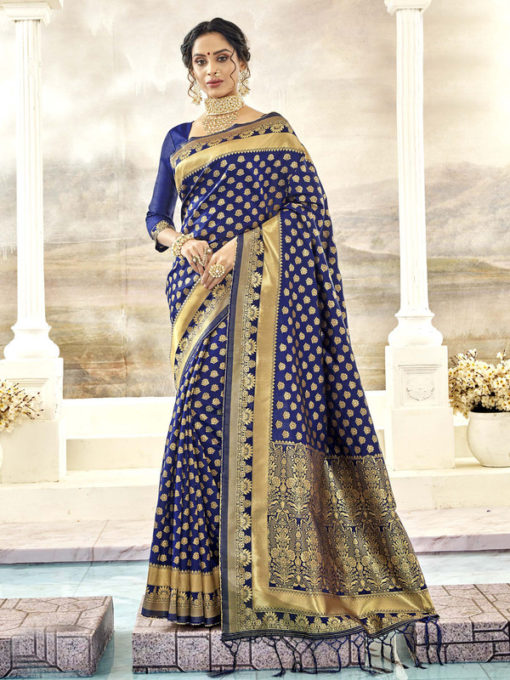 Miraamall Graceful Blue Designer Bridal Wear Jacquard Silk Saree