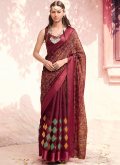 Designer Maroon Casual Wear Printed Cotton Silk Saree