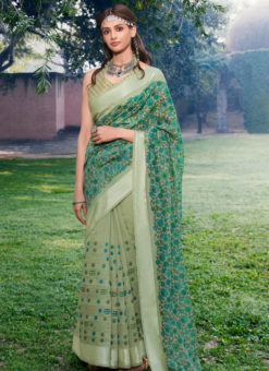 Designer Pisat Green Casual Wear Printed Cotton Silk Saree