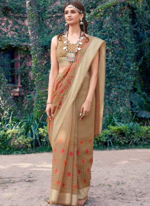 Designer Beige Casual Wear Printed Cotton Silk Saree