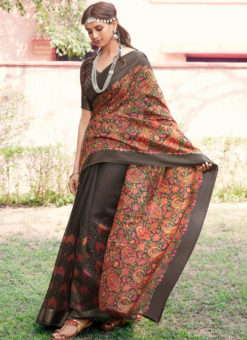 Designer Coffe Casual Wear Printed Cotton Silk Saree