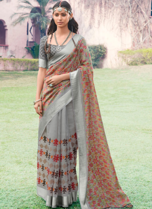 Designer Grey Casual Wear Printed Cotton Silk Saree