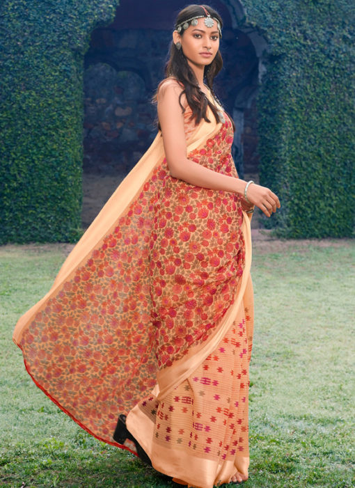 Designer Peach Casual Wear Printed Cotton Silk Saree