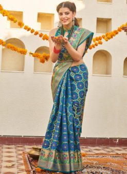 Blue Designer Classic Wear Weaving Silk Saree