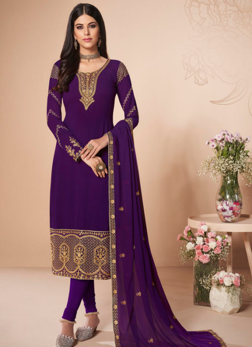 Alluring Purple Georgette Party Wear Churidar Salwar Kameez