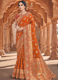 Heavy Designer Orange Embroidred Art Silk Saree