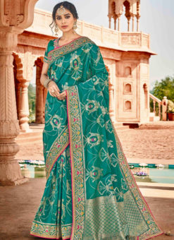 Heavy Designer Rama Green Embroidred Art Silk Saree