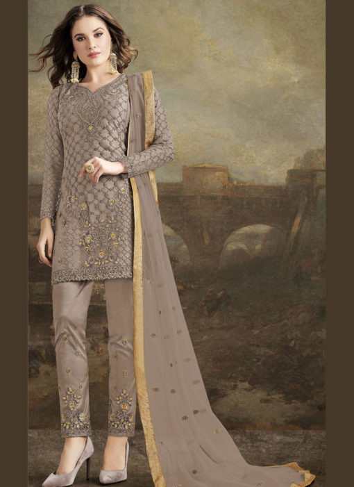 Lovely Beige Net Embroidered Work Designer Pakistani Suit