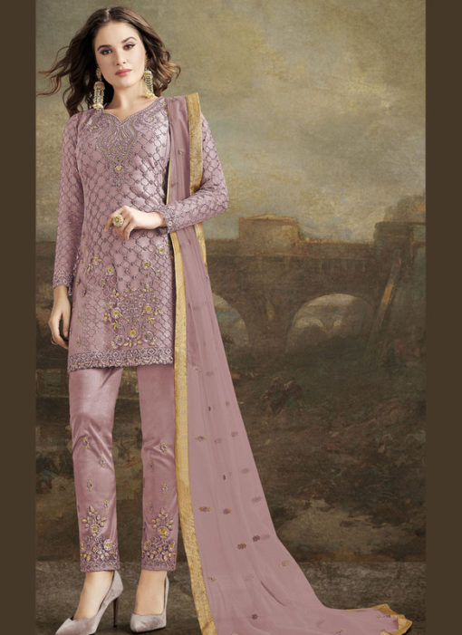 Glorious Purple Net Embroidered Work Designer Pakistani Suit