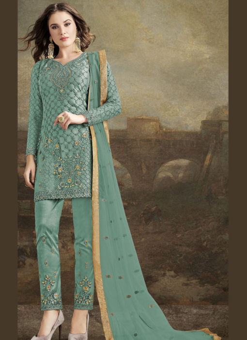 Elegant Sea Green Net Embroidered Work Designer Pakistani Suit
