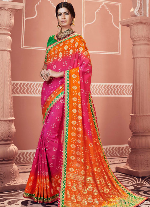 Multicolor Designer Party Wear Georgette Bandhani Saree