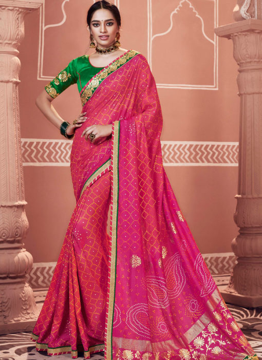Alluring Pink Designer Party Wear Georgette Bandhani Saree
