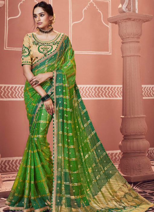 Amazing Green Designer Party Wear Georgette Bandhani Saree
