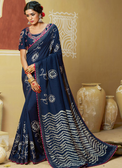 Wonderful Navy Blue Designer Party Wear Georgette Bandhani Saree