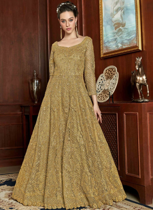 Elegant Mustard Net Embroidered Work Designer Anarkali Suit