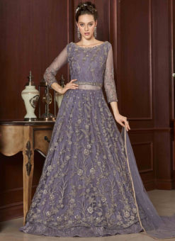 Alluring Purple Net Embroidered Work Designer Anarkali Suit