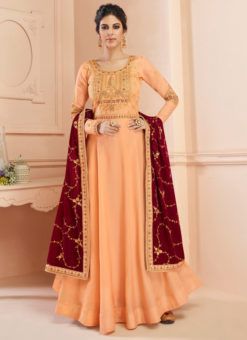 Attractive Orange Embroidred Designer Tussar Silk Gown Suit