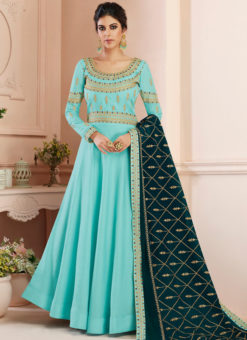 Classy Sky Blue Embroidred Designer Tussar Silk Gown Suit