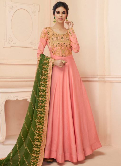 Beautiful Peach Embroidred Designer Tussar Silk Gown Suit