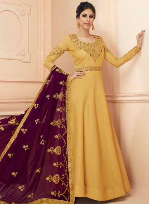 Amazing Yellow Embroidred Designer Tussar Silk Gown Suit