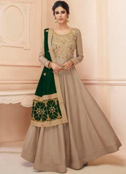 Lovely Beige Embroidred Designer Tussar Silk Gown Suit