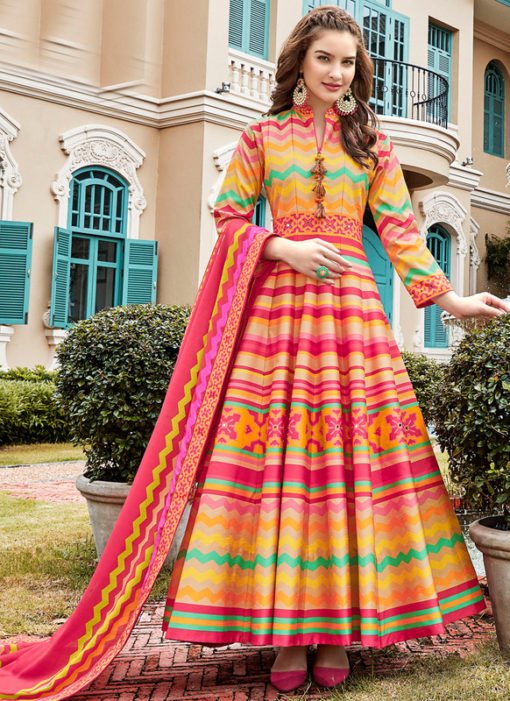 Attractive Multi Silk Patola Printed Work Gown Suit