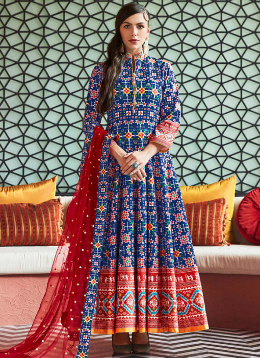 Lovely Blue Silk Patola Printed Work Gown Suit