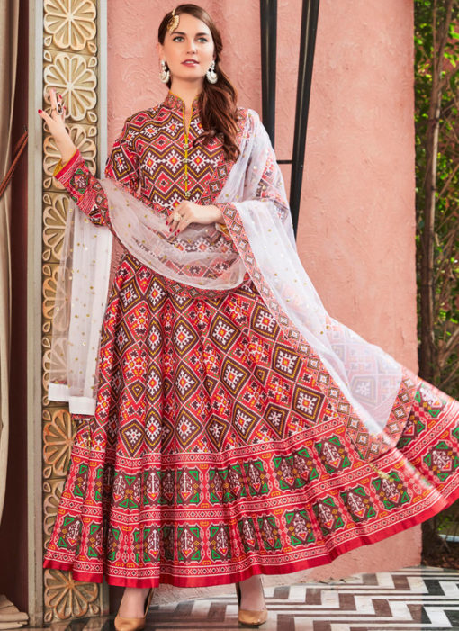 Attractive Multi Silk Patola Printed Work Gown Suit