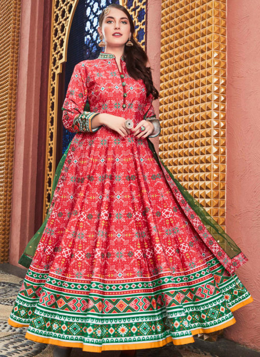 Glorious Red Multicolor Silk Patola Printed Work Gown Suit