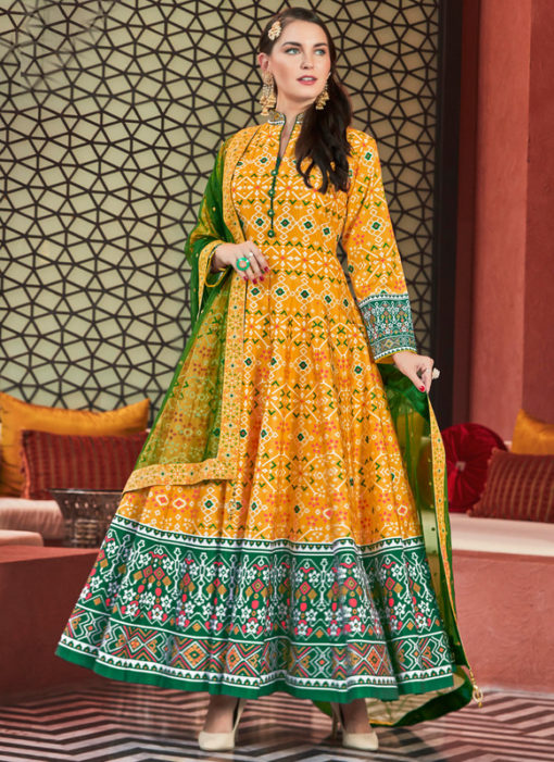 Graceful Yellow Silk Patola Printed Work Gown Suit
