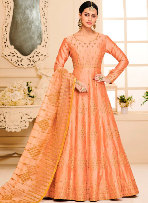 Fabulous Orange Silk Designer Party Wear Anarkali Suit
