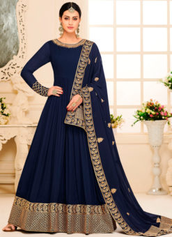 Fantastic Blue Silk Designer Party Wear Anarkali Suit