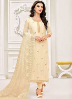 Elegant Cream Silk Party Wear Churidar Salwar Suit