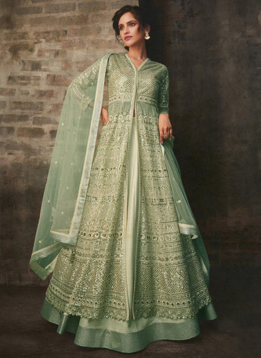 Heavy Designer Green Bridal Wear Butterfly Net Suit