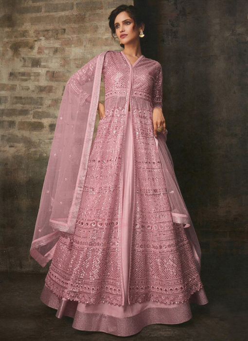 Heavy Designer Pink Bridal Wear Butterfly Net Suit