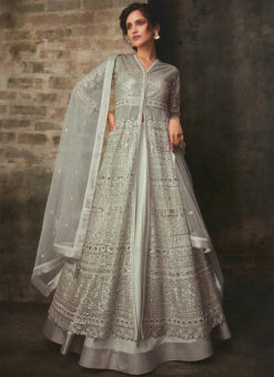 Heavy Designer Grey Bridal Wear Butterfly Net Suit