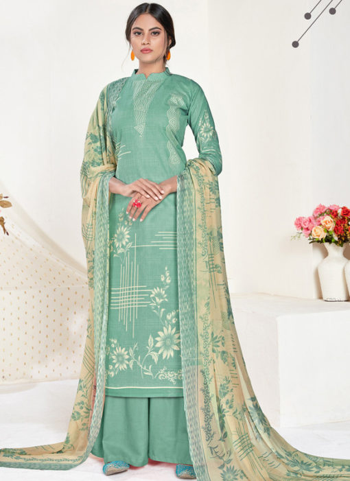Sea Green Cotton Printed Party Wear Plazzo Suit