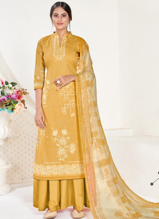 Yellow Cotton Printed Party Wear Plazzo Suit