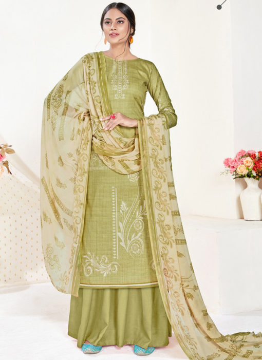 Green Cotton Printed Party Wear Plazzo Suit