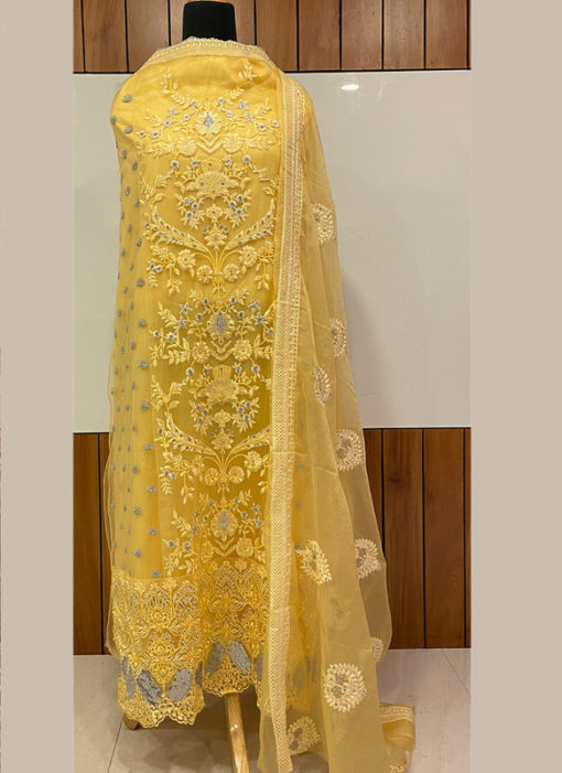 Yellow Partywear Designer Embroidered Work Soft Net  Pakistani Suit